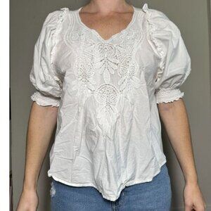 BOHERA White Boho 100% Cotton Puff Sleeve Embroidered Shortsleeve Top Size Large